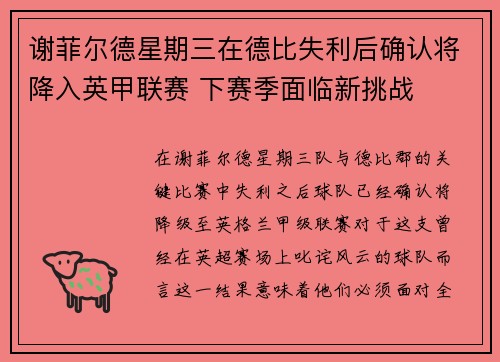谢菲尔德星期三在德比失利后确认将降入英甲联赛 下赛季面临新挑战 谢菲尔德星期三在德比失利后确认将降入英甲联赛 下赛季面临新挑战