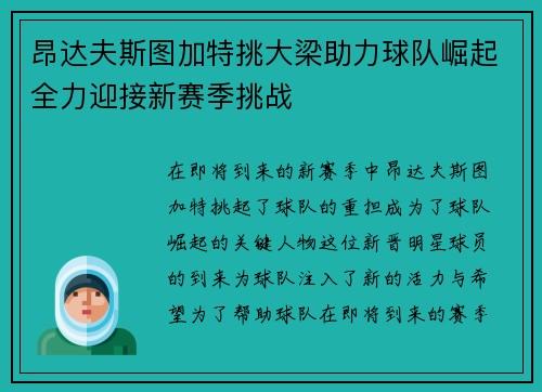 昂达夫斯图加特挑大梁助力球队崛起全力迎接新赛季挑战